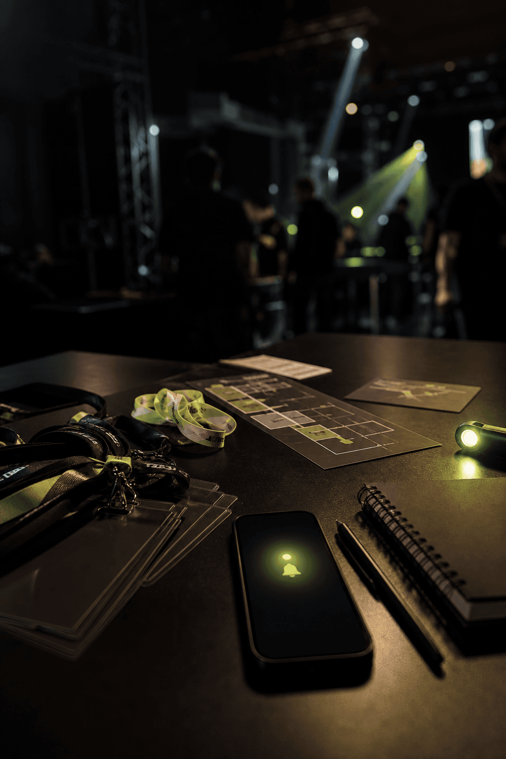 Venue staff scanning a student phone with a lime QR beam.